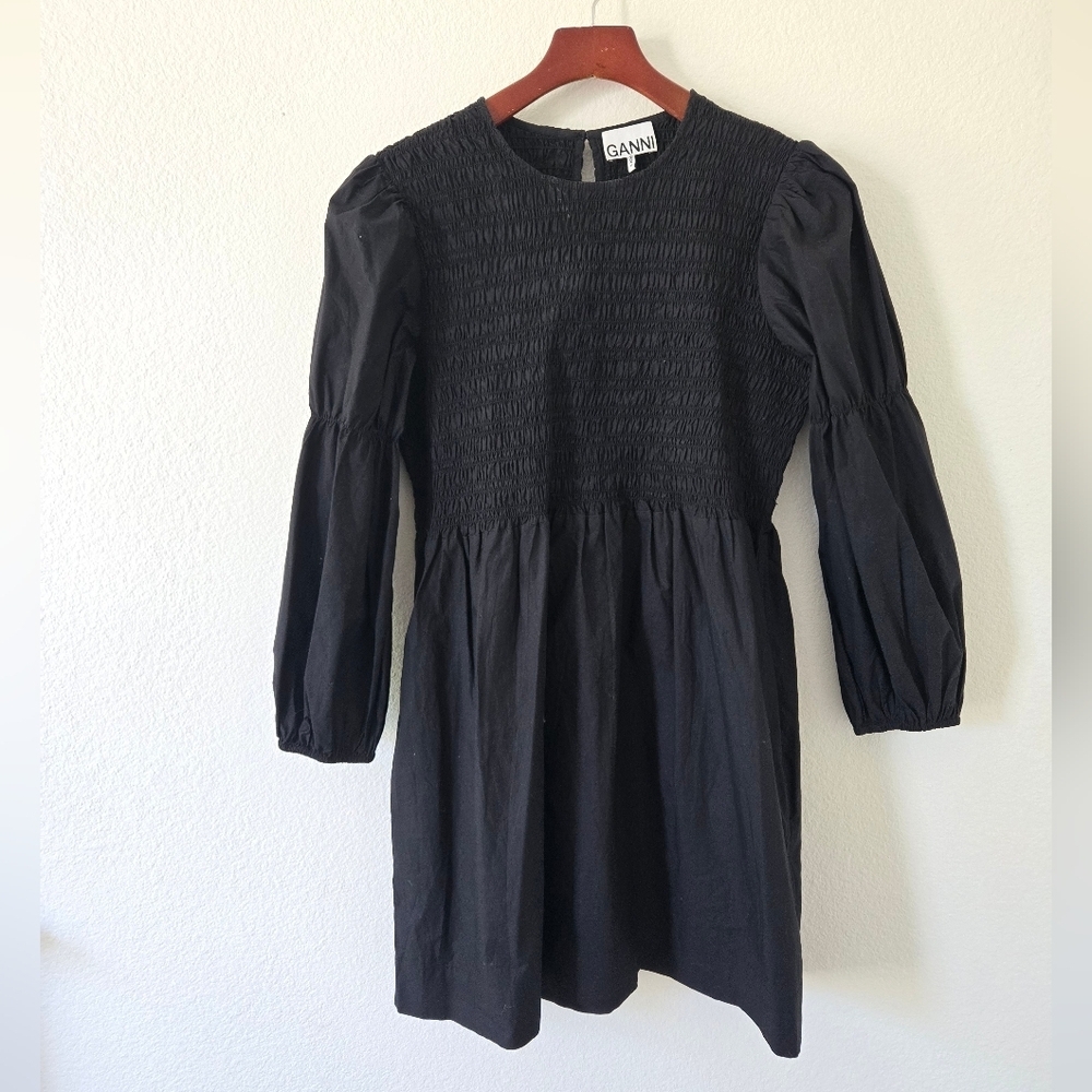 GANNI Women's Cotton Poplin Mini Smock Dress in Black size 38 or 6 - Picture 4 of 16